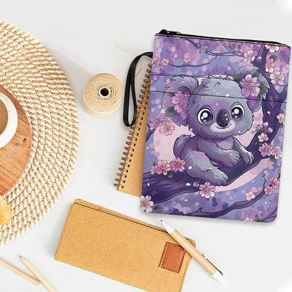 COEQINE Cute Book Covers for Paperbacks Purple Flower Girls Book Cover Pouch with Cute Animal Koala Pattern Book Sleeves with Zipper 9x11 Inch