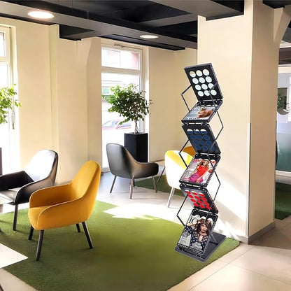 Folding Literature Rack, 6 Pockets Metal Brochure Holder Stand Floor Standing Magazine Rack，Double-sided Display Flyer Holder Stand Literature Stand for Trade Show Office Store Home