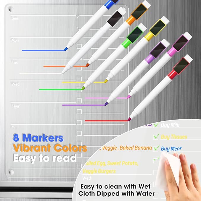 Acrylic Meal Planner Magnetic Menu Board for Kitchen Fridge Planning Board to Do List Shopping List Grocery List w/ 8 Markers, Clear Weekly Calendar for Refrigerator Dry Erase Board, 12x9’’