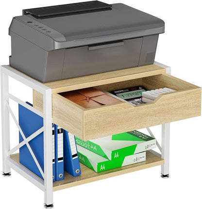 IBUYKE 2 Tier Desktop Printer Stand,Multi-Purpose Desk Organizer,Wooden Printer Stand with Drawer Storage for Folders,Books,for Fax Machine, Scanner,Home Office,Light Wood TLJ012R