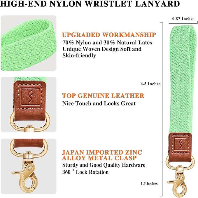 Fishent Stretchy Wristlet Keychain,Braided Cute Wrist Lanyards for Keys, Key Chain Holder for Women Men, Wrist Strap Keychain for Car Keys Phone Camera Wallet ID Badges Card (Pistachio)