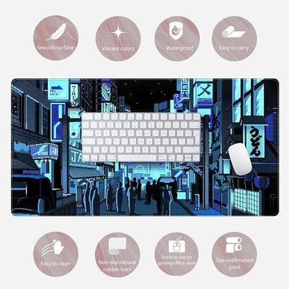 Japanese Gaming Arcade Blue Large Gaming Mouse Pad Keyboard Desk Pad Extended Mouse Pad Gaming Office Decor, Pc Laptop Mouse Pads Large (31.5x15.7 in) with Stitched Eges Non-Slip Base Mousepad XXL