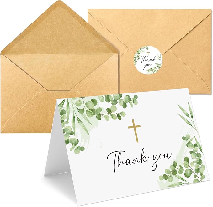 25 Pack Thank You Cards with Envelope & Stickers, 4 * 6in Watercolor Greenery Cross Blank Inside Thank You Card for Bulk Baptism, Wedding, Bridal Shower, Baby Shower, Communion, Funeral