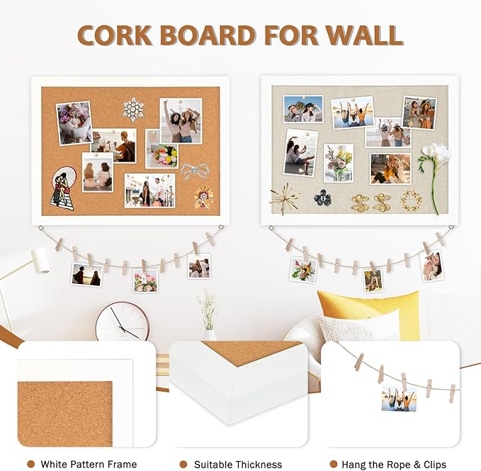 Double-Sided Large Cork Board with Linen, 36" x 24" Hanging Wood Framed Bulletin Board, Picture Display Vision Board Corkboards for Wall Room School Office Decor, 20 Pushpins,1pack