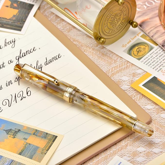 Asvine V126 Vacuum Filling Fountain Pen Fine Point, Brown Swirl Transparent Acrylic Pen Gift Case