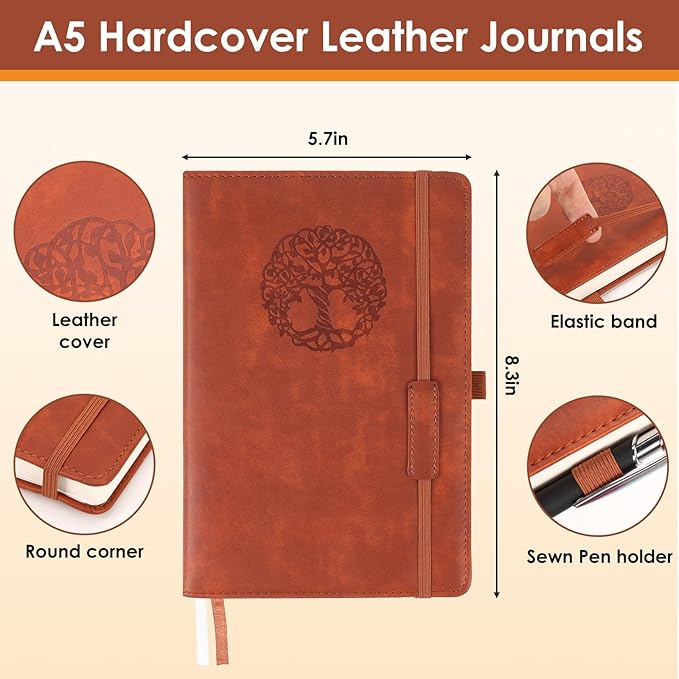 Lined Journal Notebook Thick A5 Hardcover Leather Journals College Ruled Notebooks 300 Pages for Women Men 5.7 x 8.3 Inches Brown