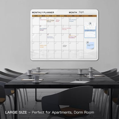 SELEAD Magnetic Glass Whiteboard Monthly Planner - 32”x24” Large Wall Calendar Dry Erase White Board, TODO Memo Bulletin Board for Home School Office - White&Gold