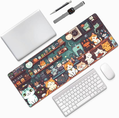 Gaming Mouse Pad Desk Pad,Extended Big Mouse Pad,31.5x11.8 Inch Long Computer Keyboard Mouse Mat Mousepad with 3mm Non-Slip Base and Stitched Edge for Gaming and Office… (cat)