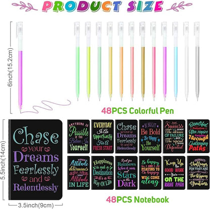 48 Pcs Mini Inspirational Notebooks Bulk with 48 Pcs Colorful Pens, Small Pocket Journal Notepads Set, Motivational Bulk Gifts for Women Men Teacher Student Kids, Fun School Office Supplies,3.5"x5.5"