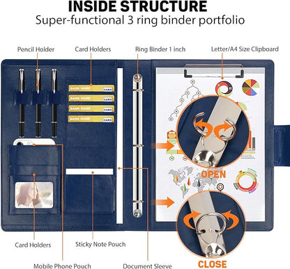 Toplive Padfolio Folder 3 Ring Binder PU Leather Portfolio, Business Interview Resume Portfolio A4/ Letter Size Document Organizer with Clipboard for Women Men, Blue