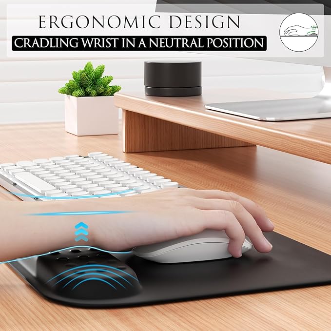 MROCO Ergonomic Mouse Pad with Memory Foam Wrist Rest, Comfortable Computer Mousepad for Laptop, Pain Relief Wrist Support with Non-Slip PU Base for Office & Home, 9.4 x 8.1 in, Black Dot