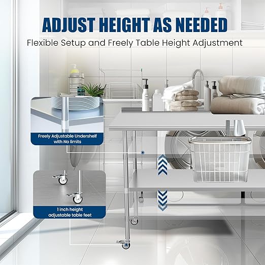 Stainless Steel Table with Wheels 30 x 60 Inches Metal Food Prep Table with Backsplash & Adjustable Undershelf, Utility Table for Kitchen, Outdoor, Restaurant, Bar & Garage