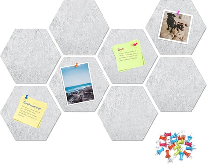 12" Large Bulletin Board with 30 Push Pins, Pack of 8 Hexagon Felt Pin Board Notice Boards for Home Office Kitchen, Felt Wall Tiles for Photos Memos