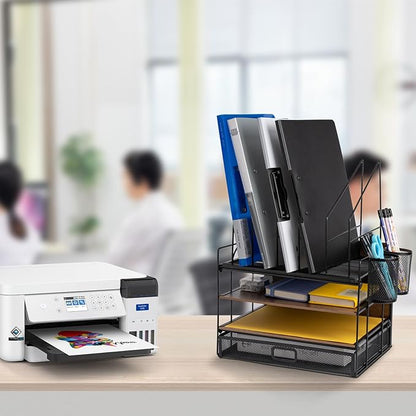 4 Tier Desk Organizers and Accessories, Paper Letter Tray Organizer,Vintage Wood Desk File Organizer with 5 Vertical File Holders and 2 Pen Holders for School Home Office Supplies