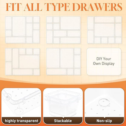 27 PCS Clear Plastic Drawer Organizers Set, 4-Size Versatile Bathroom and Vanity Drawer Organizer Trays, Storage Bins for Makeup, Bedroom, Kitchen Gadgets Utensils and Office