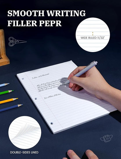 Loose Leaf Paper Lined Paper, 100 Sheets Notebook Paper, Binder Paper Wide Ruled, 8.5'' x 11'' Loose Leaf Notebook Paper, 3-Hole Punched Writing Paper, Filler Paper for 3-Ring Binder Note Paper, White
