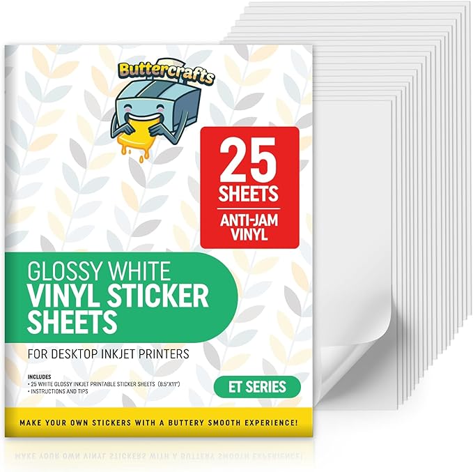 Printable Vinyl - Sticker Paper for Inkjet Printer for Epson (25 Sheets, 8.5" x 11", Anti Jam) - Glossy Printable Sticker Paper - Inkjet Printable Waterproof Sticker Paper - Make Labels and Decal