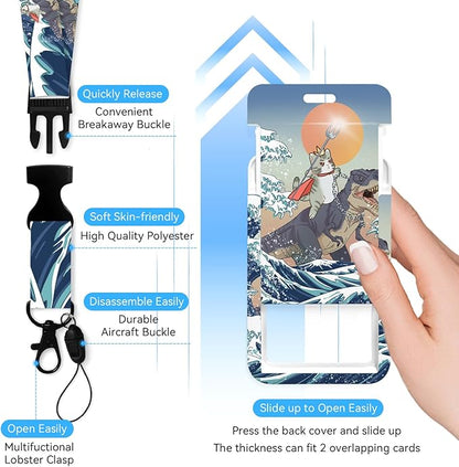 Funny Surfing Cat Badge Holder with Retractable Reel and Breakaway Lanyard，Badge Clips Retractable Heavy Duty Badge Reel，ID Holder with Breakaway Lanyard for School Nurse Office Teen