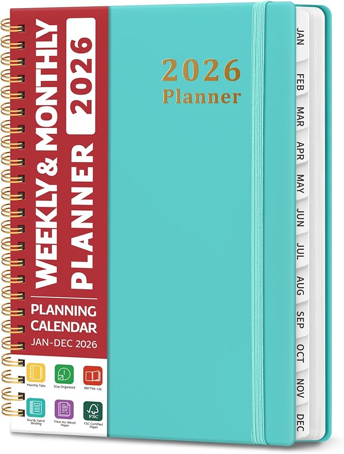 2026 Planner, Weekly and Monthly Calendar Planner, January 2026 - December 2026, Hardcover 2026 Calendar Planner Book with Tabs For Women & Men, Inner Pocket, Spiral Bound, Perfect for Office Home School Supplies - A5 (6.3" x 8.5"), Aquamarine