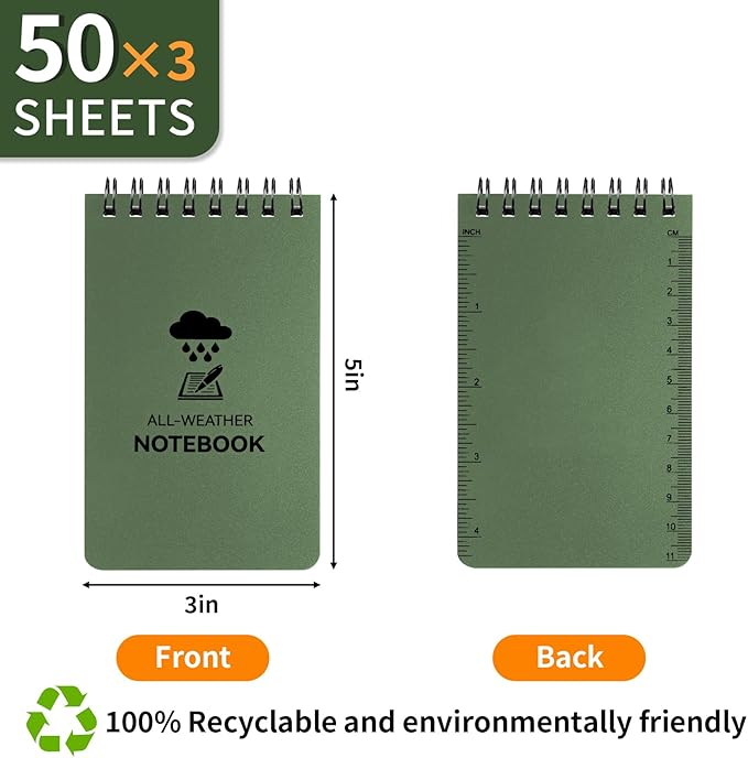 3 Pack Waterproof Notebook, 3 x 5 Pocket Notepad, All Weather Small Pocket Notebook Stone Paper, Mini Spiral Notepad Police Notepad 100 Lined Pages for Outdoor Office