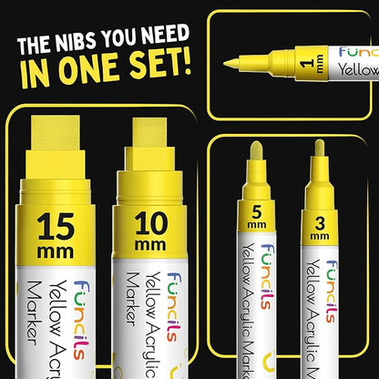 5 Acrylic Yellow Paint Pen - Extra Fine Tip, Thin & Jumbo (1mm, 3mm, 6mm, 10mm, 15mm) - Yellow Paint Marker for Metal, Fabric, Canvas, Wood, Rock Painting, Glass Markers, Water-based ink