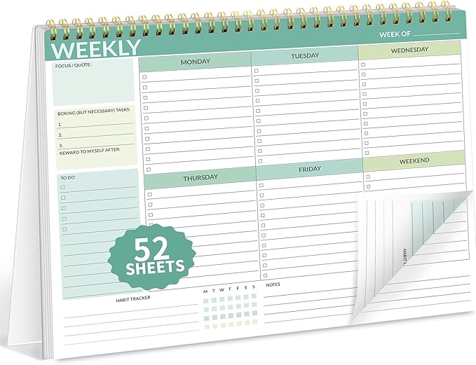 SUNEE Weekly To Do List Notepad - Last for 2 Years, 52 Undated Sheets, 8.5"×11", Spiral Weekly Desk Planner Pad for Adults and Kids, School, Home & Office - Green