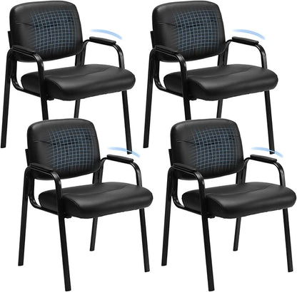 Sweetcrispy Office Reception Guest Chair No Wheels Set of 4, Leather Stationary Waiting Room Chairs with Padded Arms for Elderly Desk Conference Room Lobby Table Side Salon