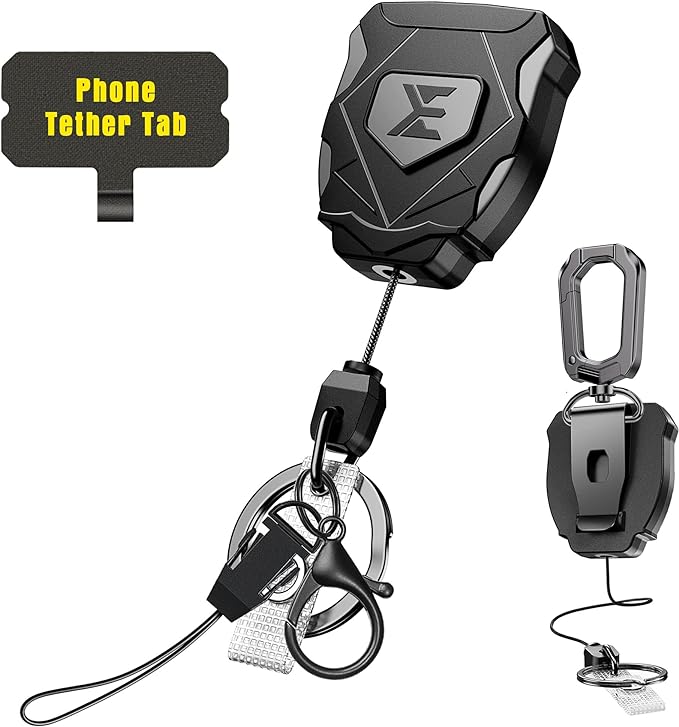 ELV Heavy Duty Retractable Keychain with Interval Locking, Belt Clip and Carabiner, ID Badge Key Reel, Retractable Badge Holder with 31” Dyneema Cord, Key Ring, Lobster Claw Clasp and Phone Tethers