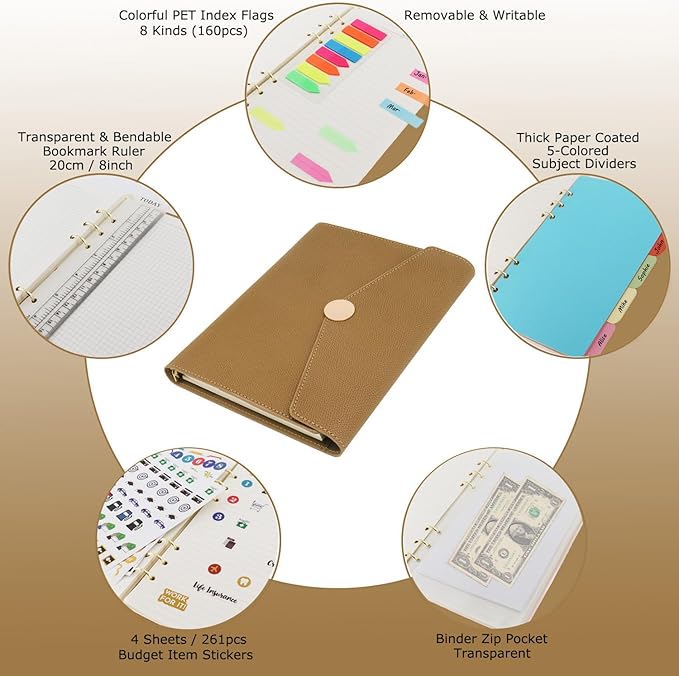 HXRTANGS PU Leather Notebook Binder Set A5, Refillable Writing Journal Planner Organizer with Paper Refills, Index Flags, Subject Dividers, Budget Stickers, Zipper Pocket and Bookmark Ruler, Khaki