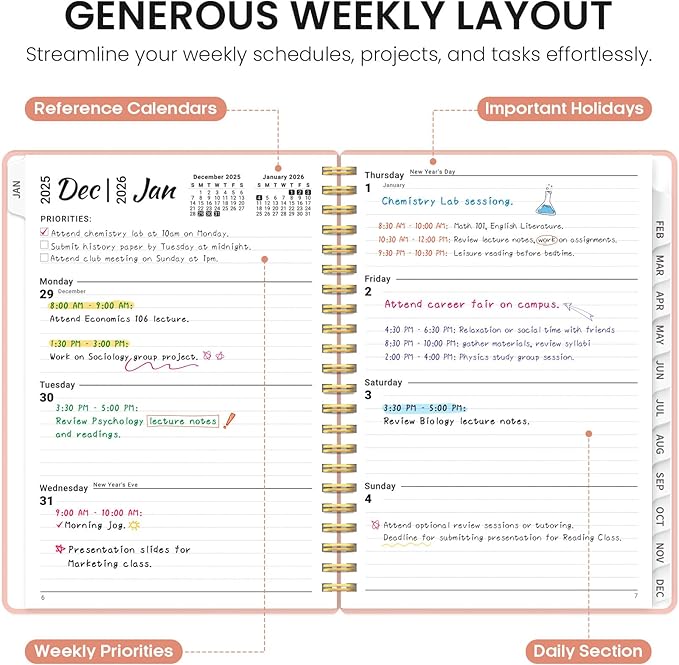 2026 Planner, Weekly and Monthly Calender Planner, Jan 2026 to Dec 2026, Hardcover 2026 Calendar Planner Book with Tabs & Inner Pocket, Office Home School Supplies for Women & Men - A5 (6.3" x 8.5"), Pink