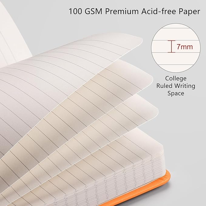 RETTACY Journaling Notebooks, A5 Lined Journal Notebook with 192 Numbered Pages, 5.7'' × 8.3'' Medium Size, for Writing, Work, Office, Leather Hardcover, 100 GSM Thick Paper (Orange)