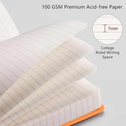 RETTACY Journaling Notebooks, A5 Lined Journal Notebook with 192 Numbered Pages, 5.7'' × 8.3'' Medium Size, for Writing, Work, Office, Leather Hardcover, 100 GSM Thick Paper (Orange)