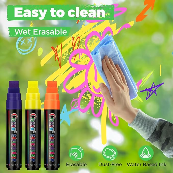 Window Chalk Markers for Cars Washable,Jumbo Liquid Chalk Marker with 8 Colors 10mm Thick Tips,Window Paint Markers for Auto,Glass,Blackboards,Bistro, Mirror, Poster, Business