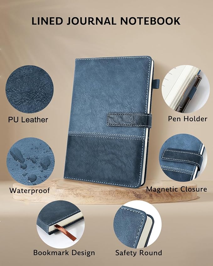 Leather Notebook Journal with Pen, A5 Lined Hardcover Notebook with Magnetic Closure, 240 Pages Daily Journal for Men Women, Ruled Journals Notebooks for Work, Writing, Note Taking - Blue
