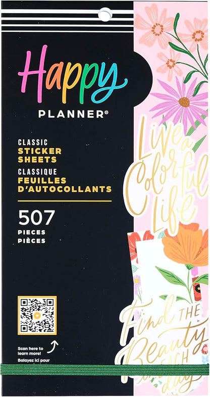 Happy Planner Sticker Pack for Calendars, Journals, and Planners, Easy-Peel Stickers and Scrapbook Accessories, Classic Size, Blooming Bouquet, 30 Sheets, 507 Total Stickers