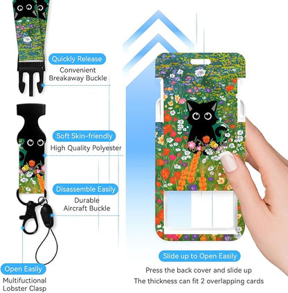 Cute Cat Hidden in The Flowers Badge Holder with Retractable Reel and Breakaway Lanyard，Badge Clips Retractable Heavy Duty Badge Reel，ID Holder with Breakaway Lanyard for School Nurse Office Teen ﻿3