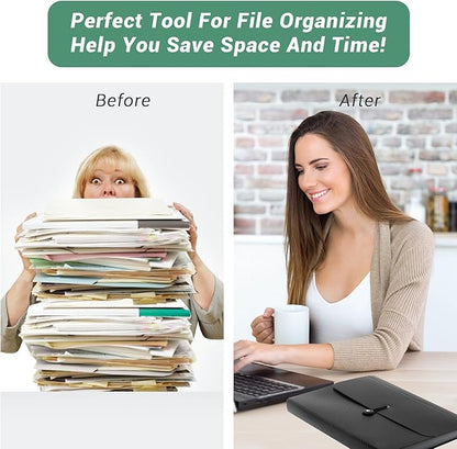 Expanding File Folder A4,13 Pockets File Organiser with Colored Tags, Paperwork A4 Plastic Wallet Document Storage Expander for School,Office and Home, Black