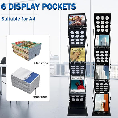 6 Pockets Foldable Magazine Rack, Pop up Brochure Display Stand, Catalog Literature Rack with Carrying Bag, Metal Magazine Display for Trade Show Office, A4 Size