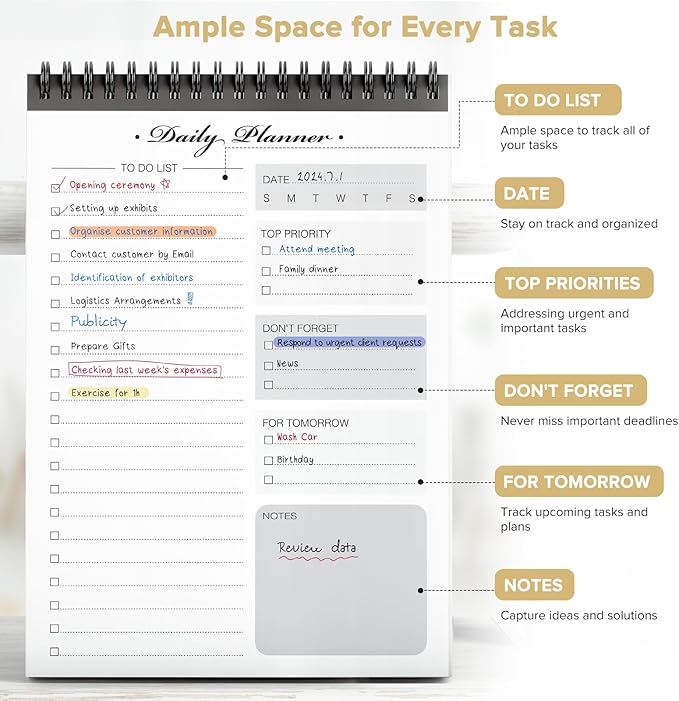 To Do List Notepad - To Do List Notebook for Work with 52 Undated Sheets - Daily Planner Notepad - Checklist Organizer Notebook for Office Desk Accessories, Home and School- Black