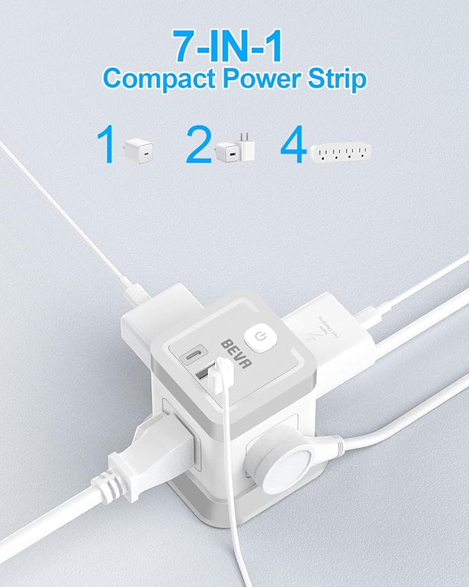 BEVA Power Strip with USB - 5ft Long Extension Cord Desktop Charging Station, Power Strip Cube with 4 Outlets and 3 USB Ports, Overload Protection, Compact for Travel, Cruise Ship, Office, Dorm Room