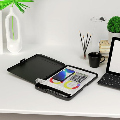 Piasoenc Clipboard with Storage, 8.5 x 11 Organization Box with Pen Holder and A4 Legal Paper Folder, Heavy Duty Plastic, Folio & Side-Opening, Low Profile Clip for Nurses, Teachers, Lawers, Black