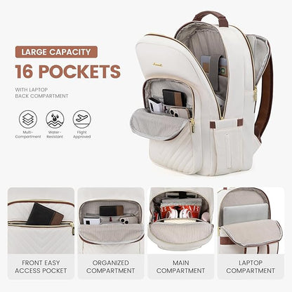 LOVEVOOK Laptop Backpack for Women 15.6 inch,Cute Womens Travel Backpack Purse,Professional Laptop Computer Bag,Waterproof Work Business College Teacher Bag Carry on Backpack with USB Port,White Brown
