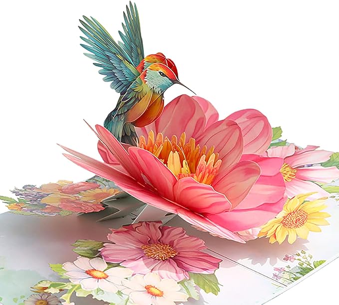 3D Hummingbird and Flower Pop Up Card, Elegant Bird Pop-Up Card with Blooming Flowers for Anniversary, Thank You, Valentines Day, All Occasion