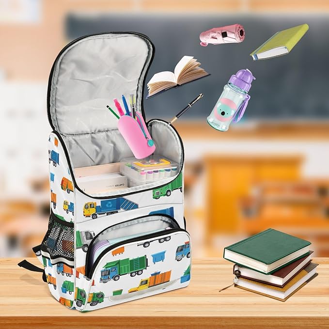 Garbage Trucks Backpack with Reflective Strip for Kids Boys Girls Elementary School Bag Removable Chest Strap