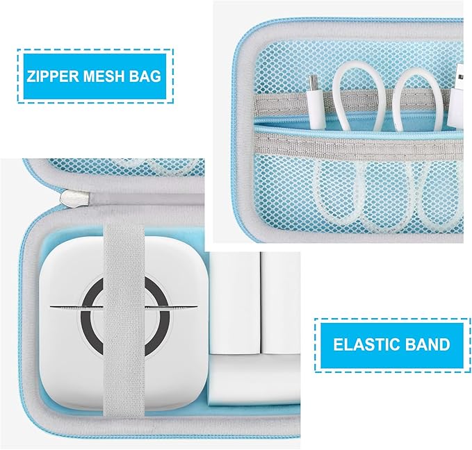 Hard Travel Case for Cabaro Mini Printer Sticker Thermal Printer, Bluetooth Portable Phone Printer Storage Holder Protection Case with Zipper Mesh Pocket fit Rolls Paper, Charging Cable, Blue