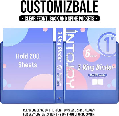 3 Ring Binder 1 Inch, IntoJoy 6 Pack Clear View 3 Hole Binder PVC-Free Fits 8.5x11 Inch Paper Flexible Round Ring Binders for School Office Home Binder Supplies (Blue)