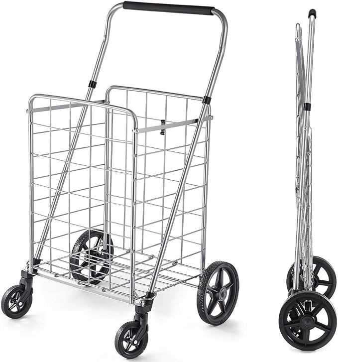 Wellmax Grocery Shopping Cart with Adjustable Handle and Swivel Wheels, Heavy Duty Foldable and Collapsible Utility Cart