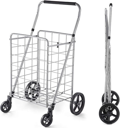 Wellmax Grocery Shopping Cart with Adjustable Handle and Swivel Wheels, Heavy Duty Foldable and Collapsible Utility Cart