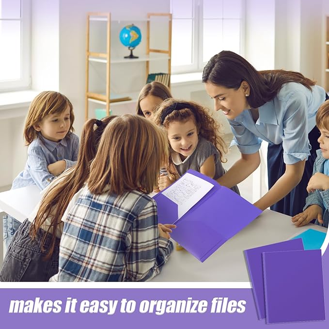 Gueevin 24 Pcs Plastic Folders with Pockets, Two Pocket Folder Fit Letter Size, Heavy Duty School Business Card Holder for Home Office School Bussiness, 11.61 x 9.45 Inches (Purple)