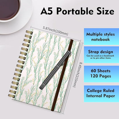 Spiral Journal Notebook, A5 Cute Notebooks for Women Men, College Ruled Hardcover Notebook for Work & Note Taking, 60 Pages Double-Wire Journals for Writing Green White Tree Branch